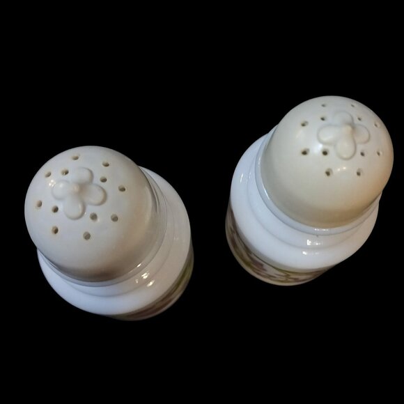 2pc Vintage Avon Milk Glass Shakers | Lilac Floral Kitsch Vanity Decor - Picture 5 of 12